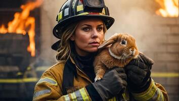 AI generated Portrait of a female firefighter holding a rescued rabbit in her arms photo