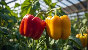 AI generated ripe peppers in a greenhouse photo