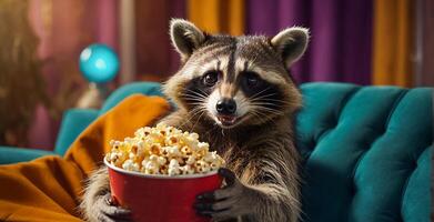 AI generated cute raccoon with popcorn at home photo