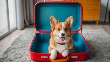 AI generated Cute dog with a suitcase in the apartment photo