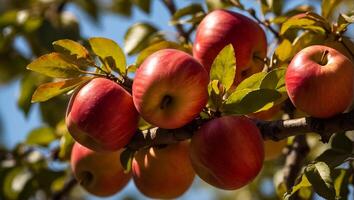 AI generated ripe red apples on a branch in the garden photo