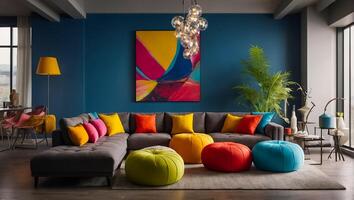 AI generated Modern living room with sofa and colored poufs photo