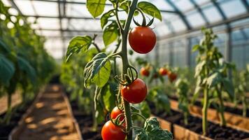 AI generated ripe tomato in a greenhouse photo