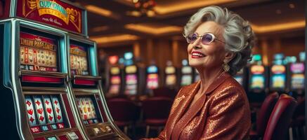 ai generado hermosa mayor mujer jugando casino espacio máquina foto