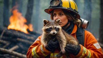 AI generated woman firefighter holds a rescued raccoon in her arms photo