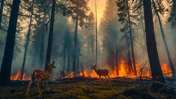 AI generated Deer forest fire, trees in smoke, flames photo