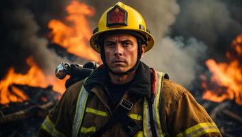 ai generado retrato de un grave masculino bombero foto