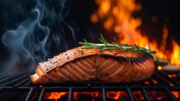 AI generated salmon piece fried on the grill photo