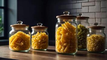 AI generated glass jars with dry assorted pasta in the kitchen photo