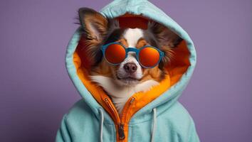 ai generado de moda perro con Gafas de sol y capucha foto