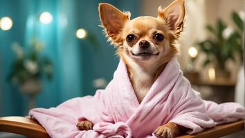 ai generado hermosa perro en un bata de baño en un spa salón descansando foto