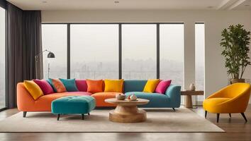 AI generated Modern living room with sofa and colored poufs photo