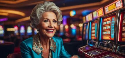 AI generated Beautiful elderly woman playing casino slot machine photo