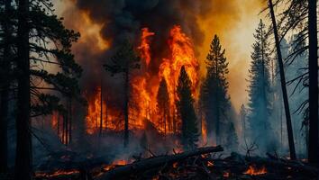 ai generado bosque fuego, arboles en fumar, fuego foto