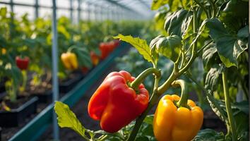 AI generated ripe peppers in a greenhouse photo