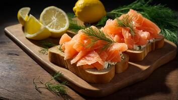 ai generado un pan con Fresco salmón rebanado delicioso salmón en un de madera tablero foto