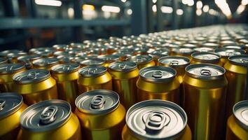 AI generated iron cans with drinks on a conveyor belt photo