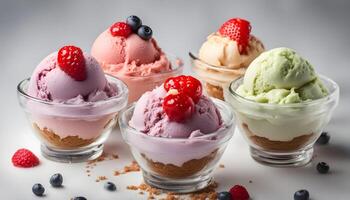 AI generated four different ice cream scoops in small cups photo