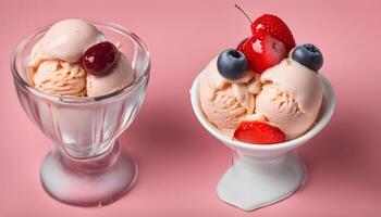 ai generado dos hielo crema cucharadas con bayas y cerezas foto