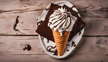 AI generated ice cream with chocolate sauce on a wooden table photo