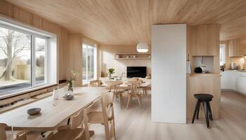 AI generated a modern kitchen and dining area in a wooden house photo