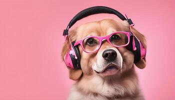 ai generado un perro vistiendo rosado auriculares y lentes foto