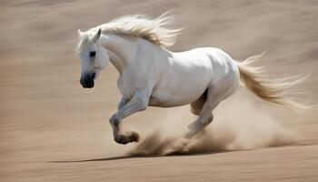 ai generado un blanco caballo corriendo en el arena foto