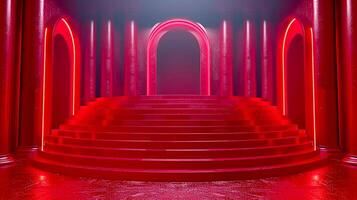 AI generated red neon lights in a room with steps photo