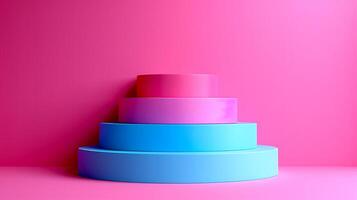 AI generated a stack of three colored cake stands on a pink background photo