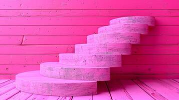 ai generado un rosado escalera en frente de un de madera pared foto