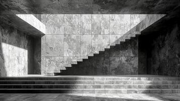 ai generado un negro y blanco foto de un escalera en un edificio