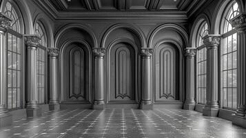 AI generated a black and white photo of a room with columns