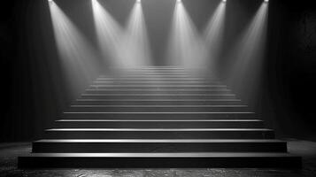 AI generated black and white photo of a staircase with light coming from the top