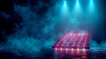 AI generated a stage with stairs lit up with blue and red lights photo