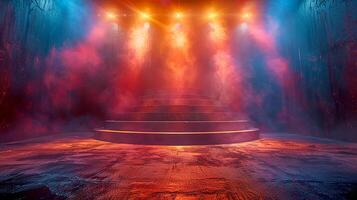 AI generated stage with red and blue lights and smoke photo