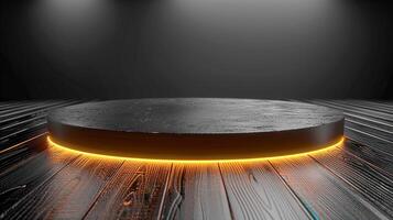 AI generated round black pedestal with glowing light on wooden floor photo