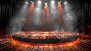 AI generated stage with smoke and lights on a wooden floor photo