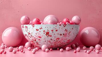 ai generado rosado huevos en un cuenco con rosado pintar salpicaduras foto