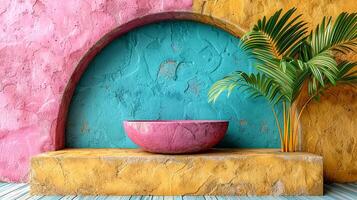 AI generated a pink and blue wall with a bowl and palm tree photo