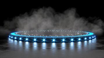 AI generated a circular stage with blue lights and smoke photo