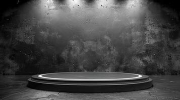 AI generated black stage with spotlight and concrete wall photo