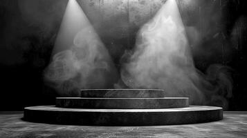 AI generated black and white photo of a stage with smoke coming out of it