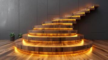 AI generated a staircase with wooden steps leading up to a lighted wall photo