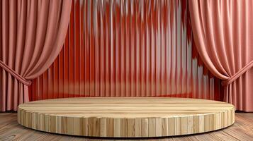 AI generated a stage with a wooden podium and red curtains photo