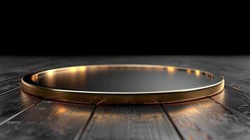 AI generated golden ring on wooden table with black background photo