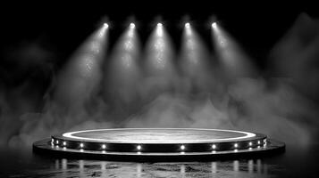 AI generated black and white photo of a stage with lights