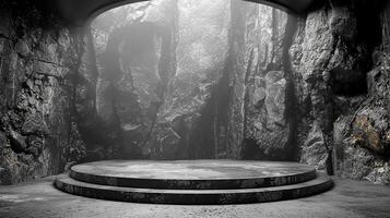 AI generated black and white photo of a stage in a cave