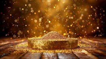 AI generated gold dust on wooden table with bokeh effect photo