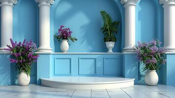 AI generated a room with blue walls and columns and flowers in vases photo