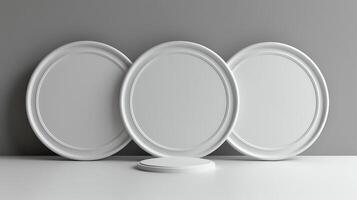 ai generado Tres blanco oval platos en un mesa con un blanco antecedentes foto